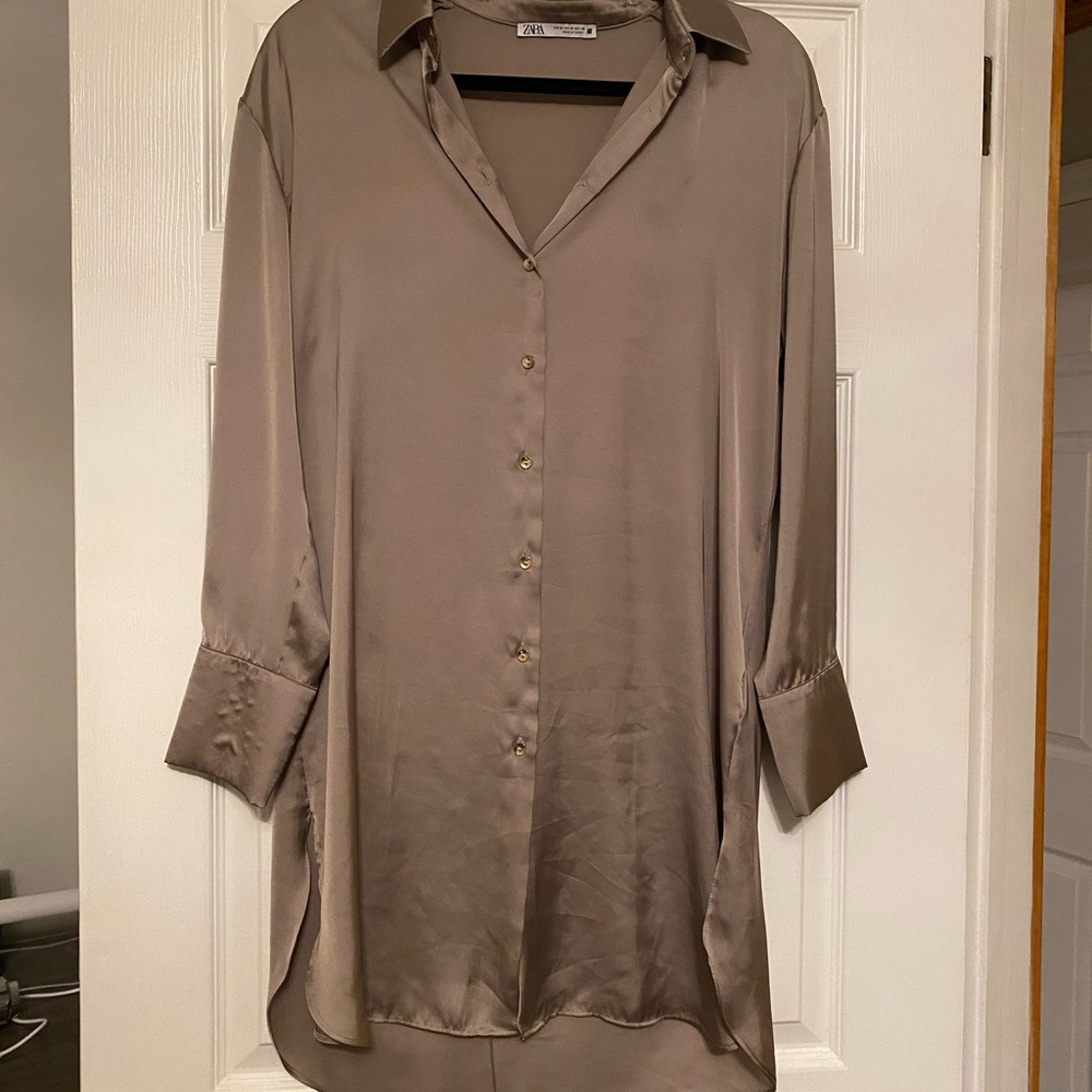 Zara Satin Long Sleeve Button Down Tunic